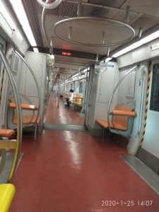 Passengers inside a Chinese metro train carriage