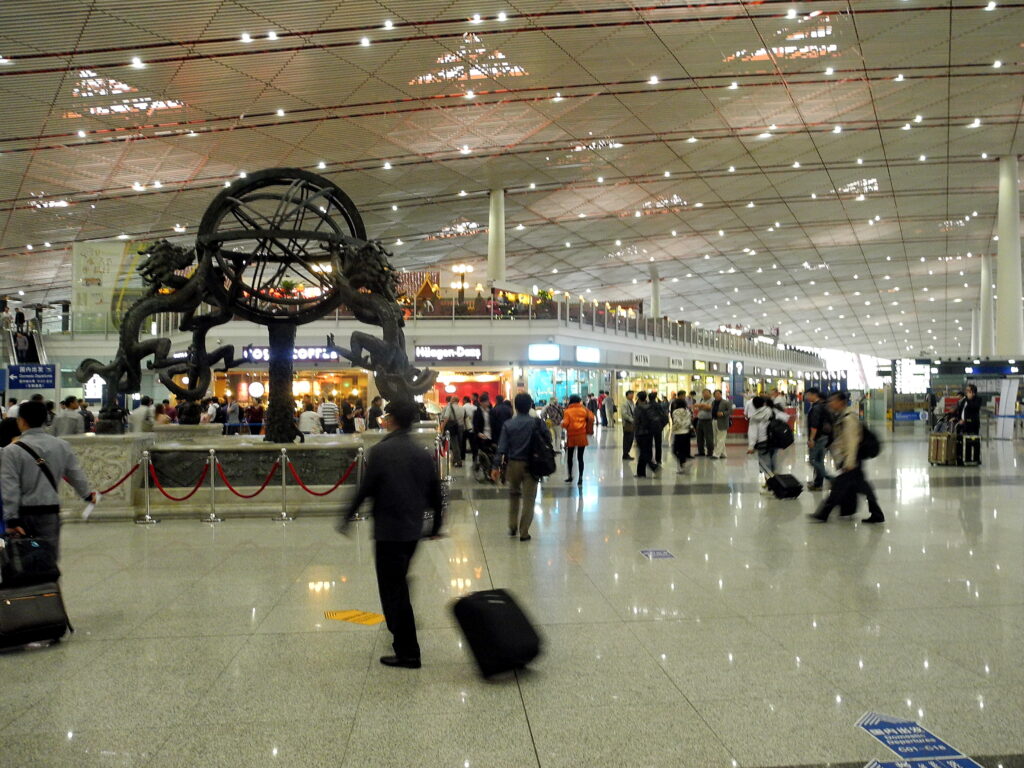 Interior view near the armillary sphere area at Beijing Capital International Airport.