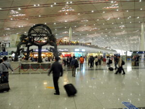 Interior view near the armillary sphere area at Beijing Capital International Airport.