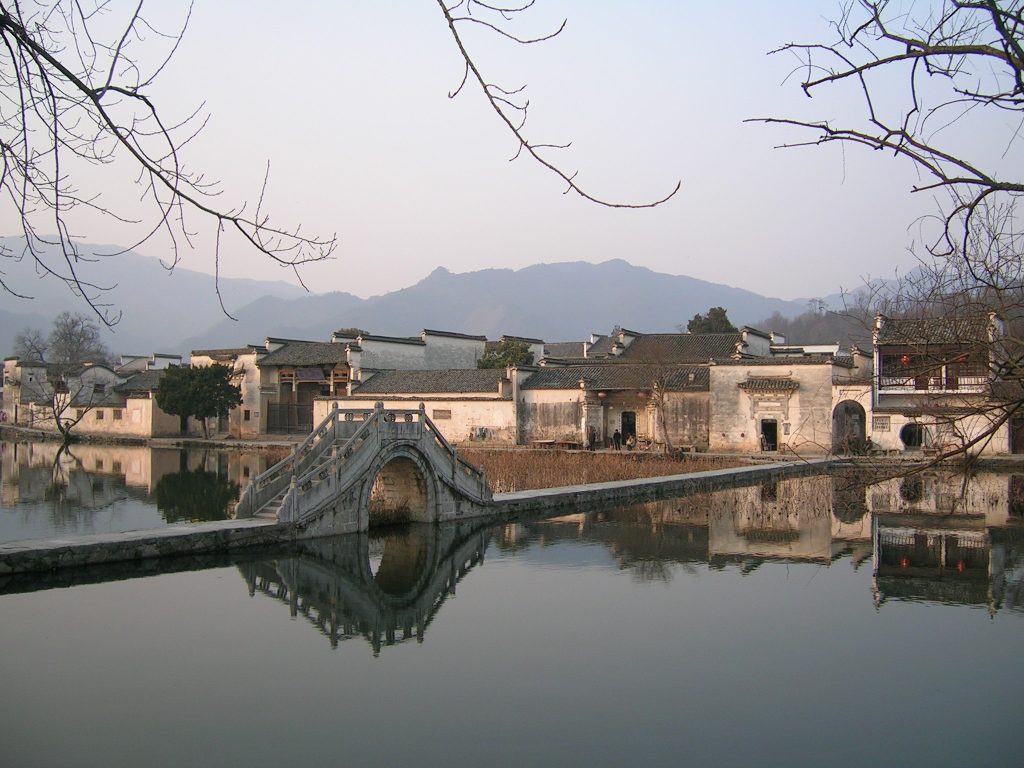 Traditional houses and water-buffalo-horn pond at Hongcun village in Anhui