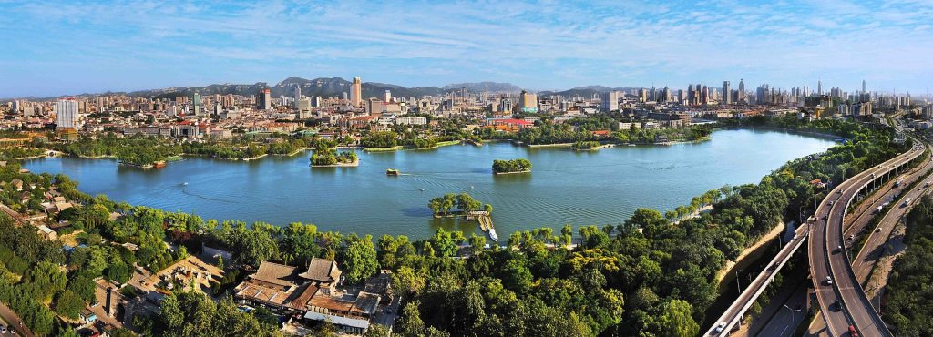Daming Lake park with pavilions and water in Jinan