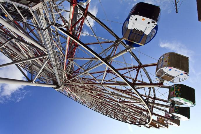 Kaohsiung Eye Ferris wheel gondolas against blue sky at Dream Mall