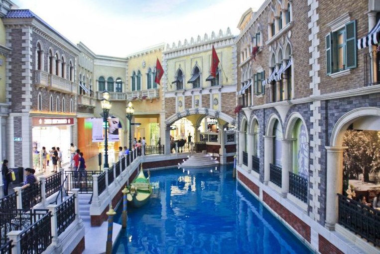 Venetian-style canal and shopfronts inside a Cotai resort
