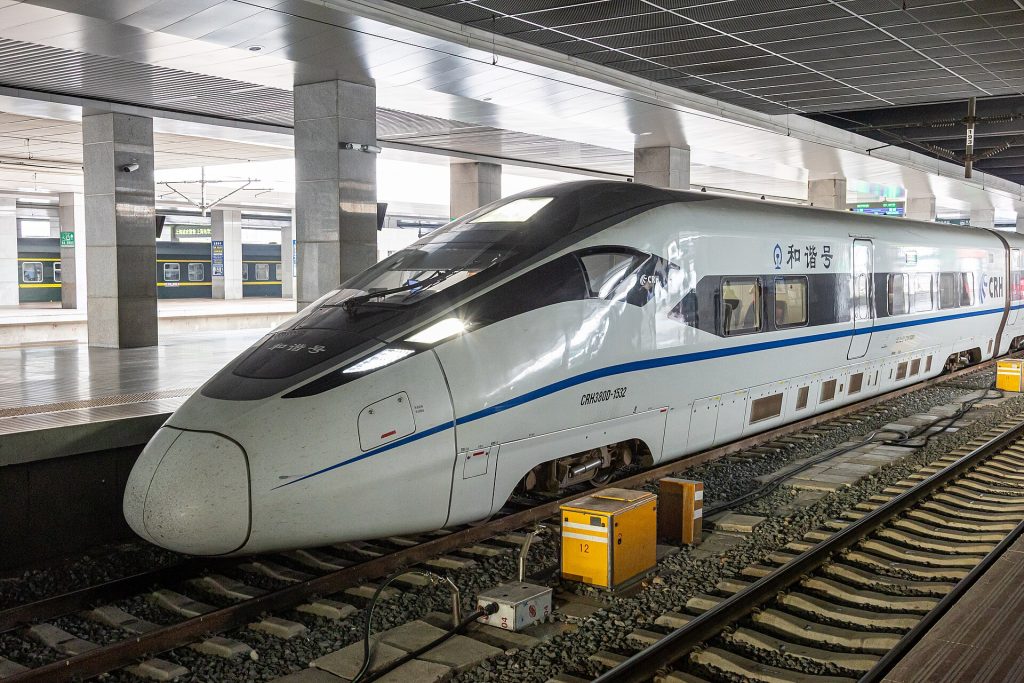 Busy Chinese high-speed rail station concourse