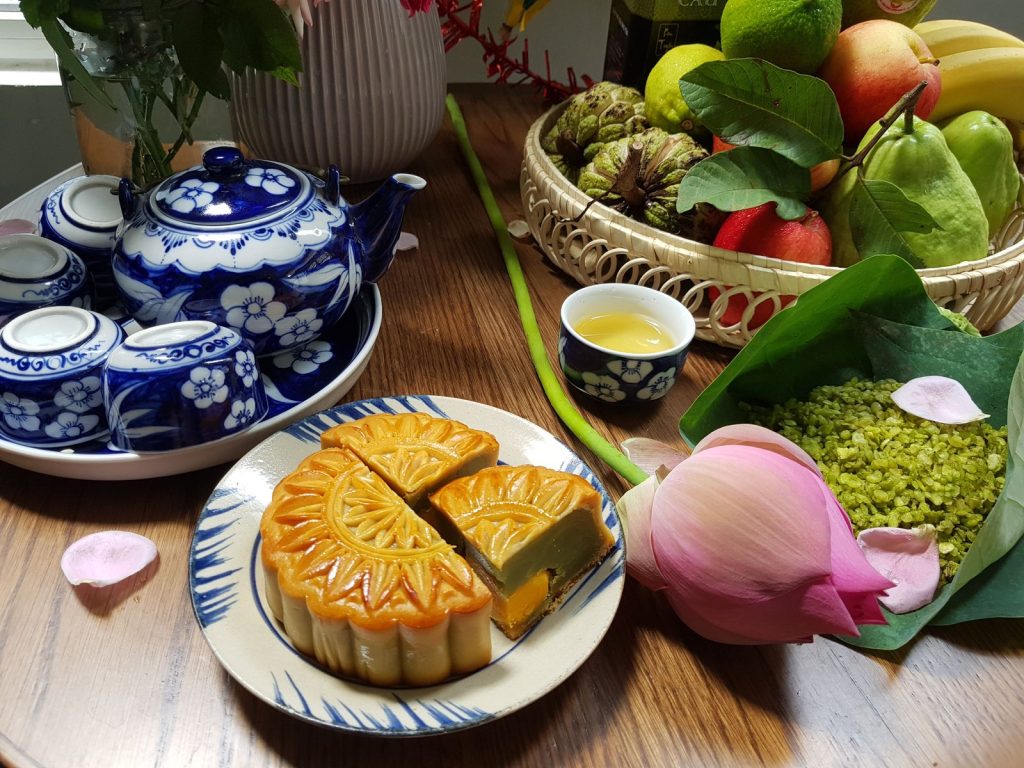 Homestyle Mid-Autumn Festival desserts and mooncakes on a table
