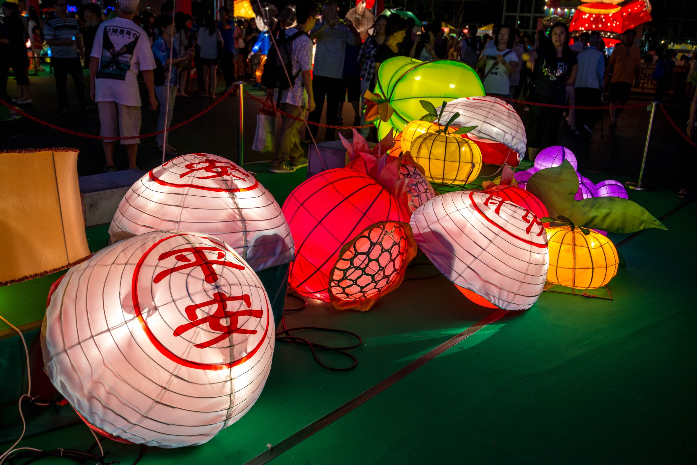 Colourful Mid-Autumn Festival lanterns hanging outdoors