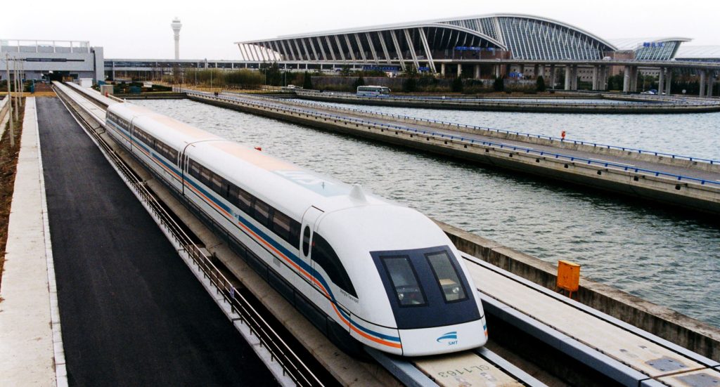 Shanghai Pudong International Airport exterior or Maglev train at the airport station