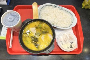Bowl of Chinese sour cabbage fish (suancai yu) with pickled greens and fish fillets served beside rice