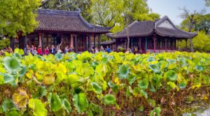 Classical Chinese garden pavilion and pond scenery at the Humble Administrator’s Garden in Suzhou