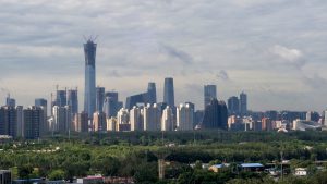 Beijing Central Business District skyline viewed from the northeast across green parkland