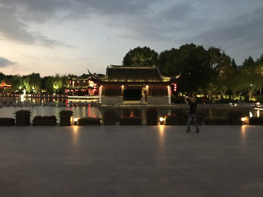 Xitang water town canals and buildings at dusk in Zhejiang