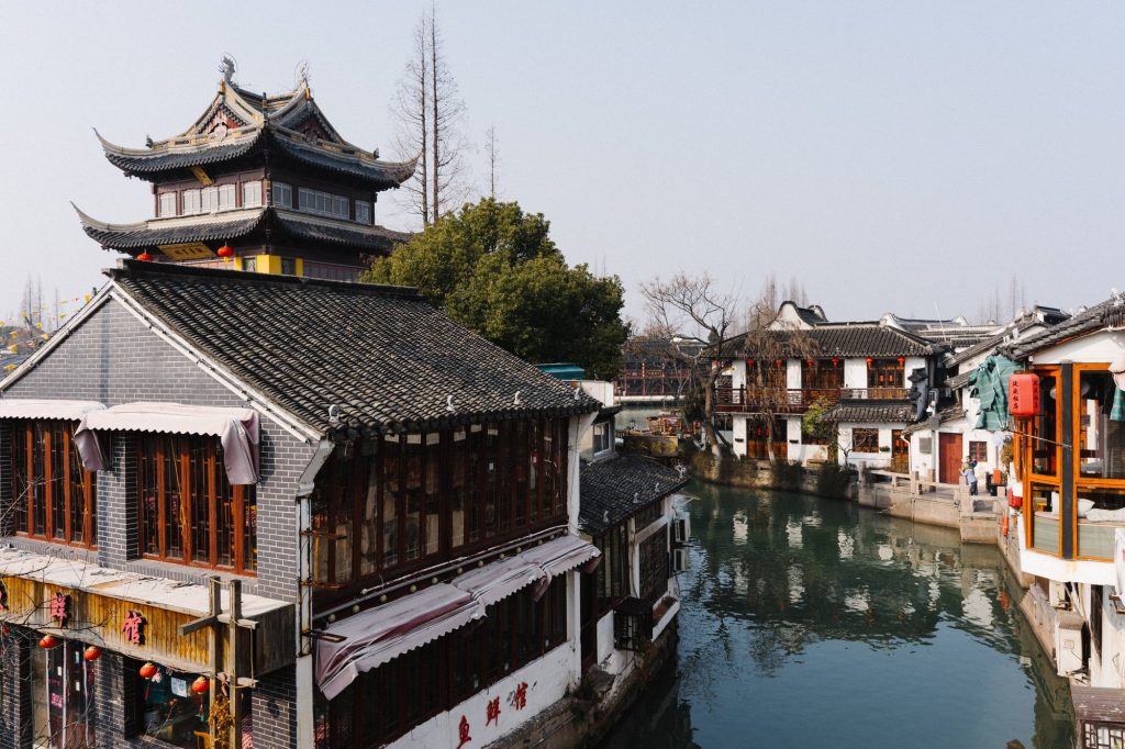 Canal, stone bridge and traditional houses in Zhujiajiao water town