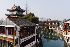 Canal, stone bridge and traditional houses in Zhujiajiao water town